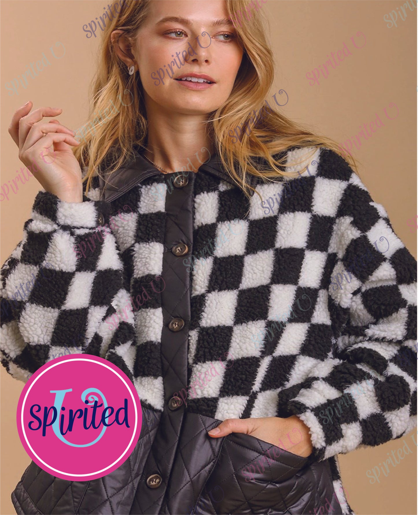 BW Checkered Collared Button-Up Jacket with Quilted Details