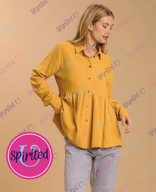 Golden-Rod Button Down Collar Shirt with Ruffle