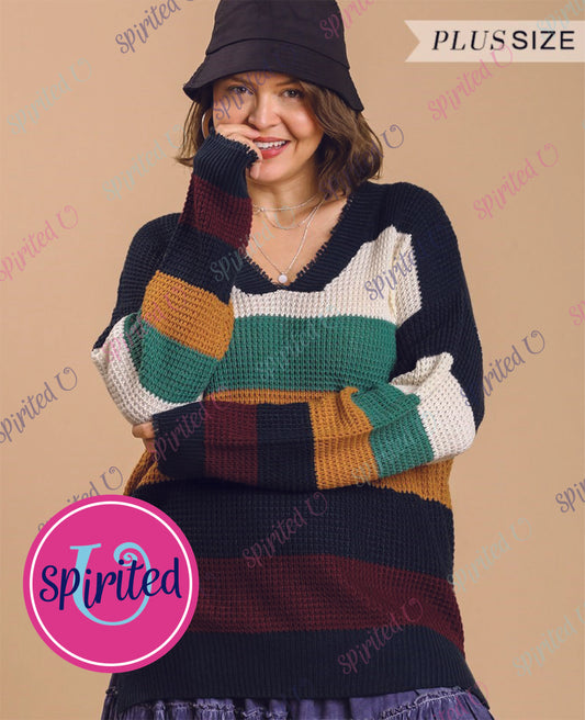 Multicolored Striped Unfinished V-Neck Knit Pullover Sweater with Side Slits