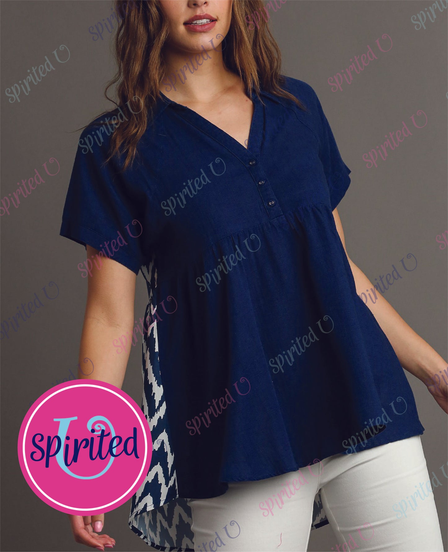 Navy with ZigZag Printed- Linen High-Low Hem Collared Top