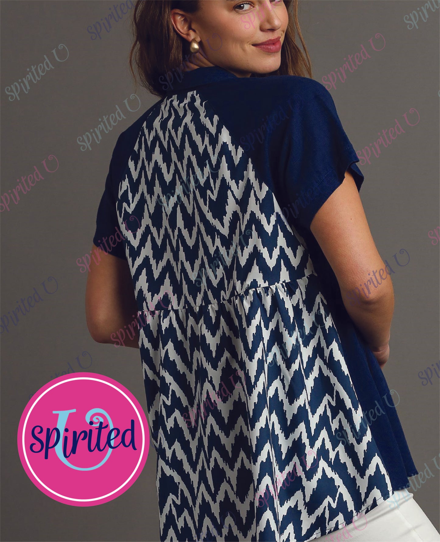 Navy with ZigZag Printed- Linen High-Low Hem Collared Top